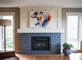 metallic mosaic tile fireplace